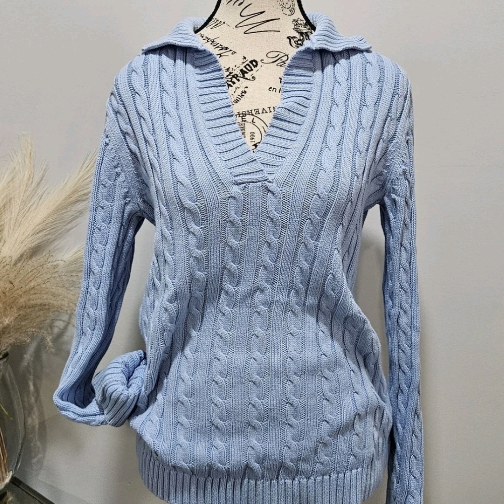 L.L. Bean Sweater Collared V-neck Cable-Knit Pullover Women's Size S